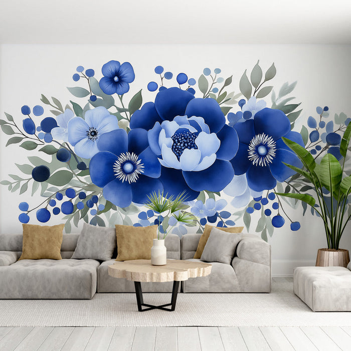 Foto Behang blauwe bloemen | Elegante gestileerde bloemen op een lichte achtergrond