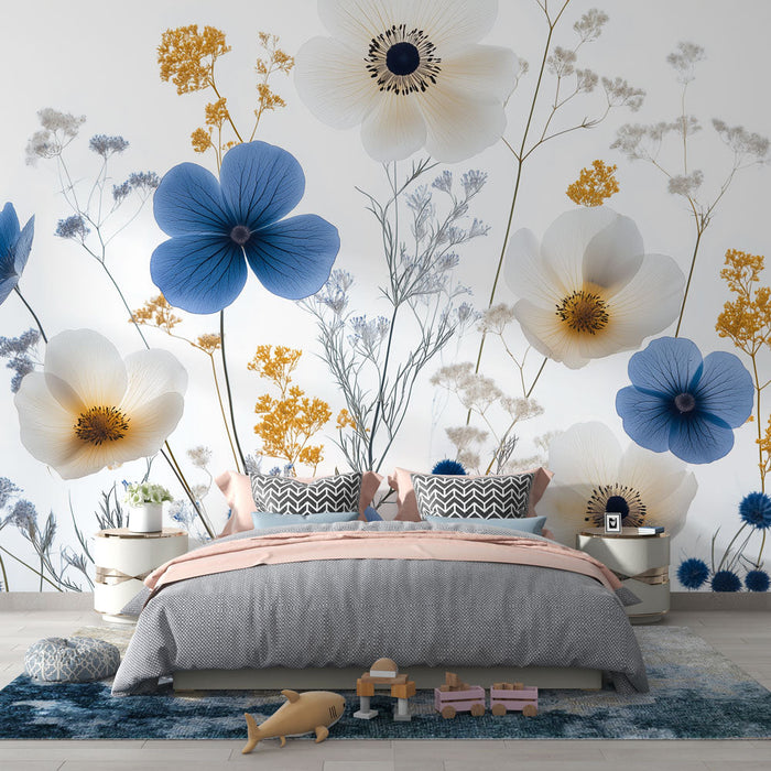 Mural Wallpaper blue and white flowers | Elegant and soothing floral composition