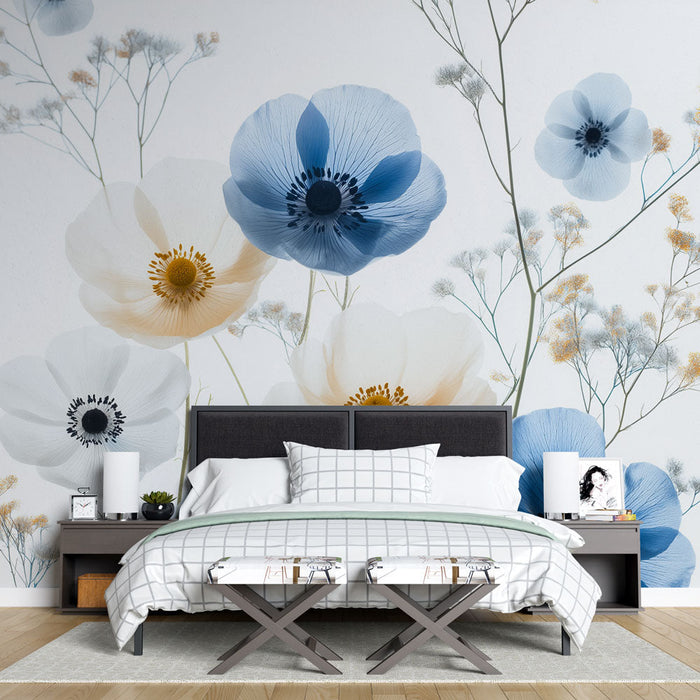 Mural Wallpaper blue and white flowers | Delicate flowers on light background