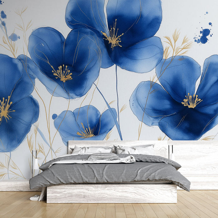 Mural Wallpaper blue flowers | Delicate flowers with golden accents