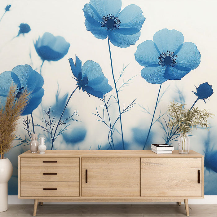 Mural Wallpaper blå blomster | Delikate blomster på en myk bakgrunn