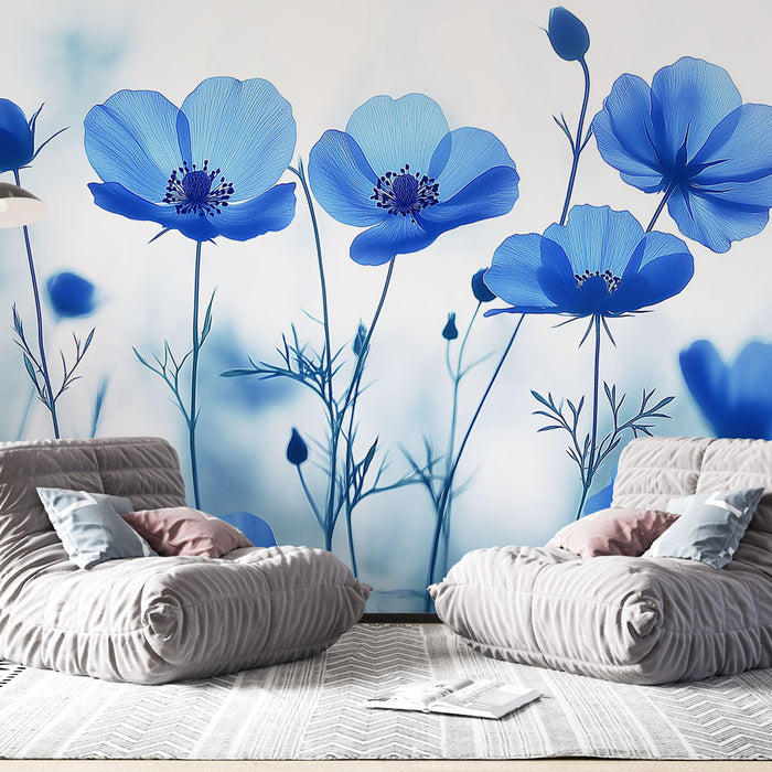 Mural Wallpaper blue flowers | Delicate flowers on a bright background