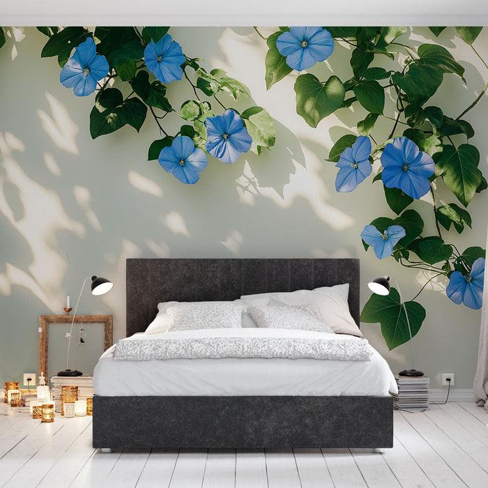 Mural Wallpaper blue flowers | Graceful flowers and soft shadows