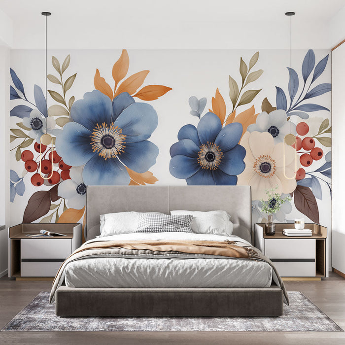 Mural Wallpaper blue flowers | Elegant and warm floral illustration