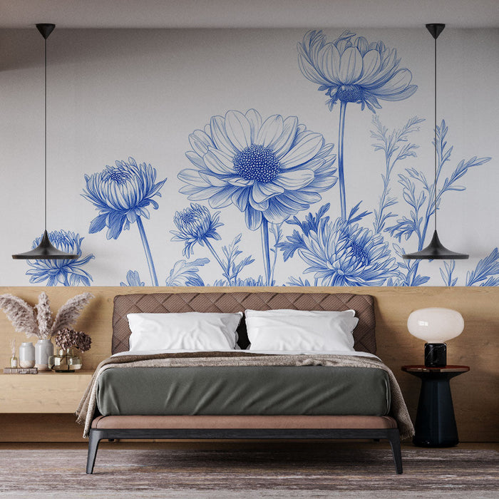 Mural Wallpaper blue flowers | Elegant and detailed floral illustration