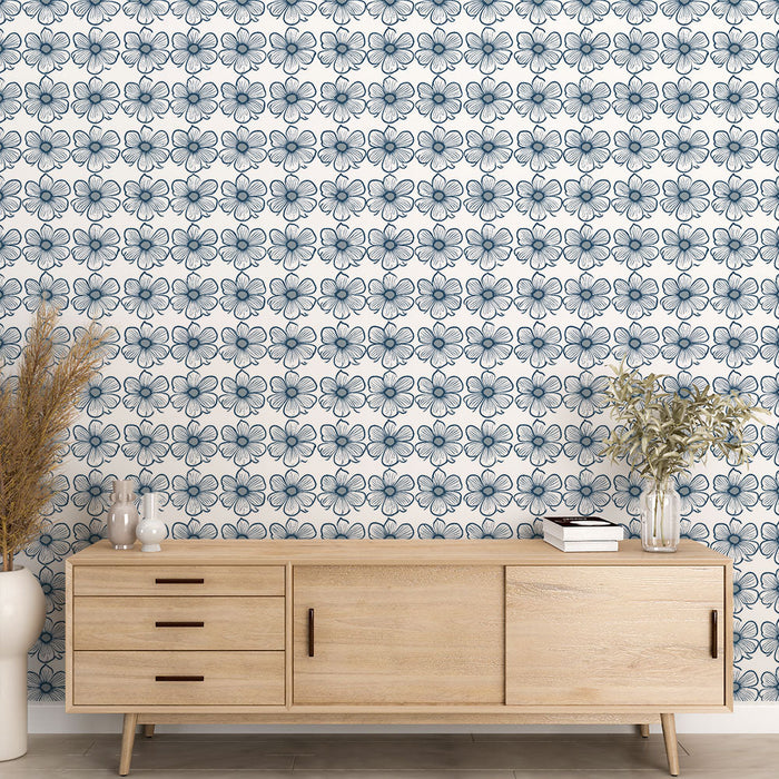 Papel pintado flores azules | Patrón delicado de flores dibujadas a mano sobre un fondo claro