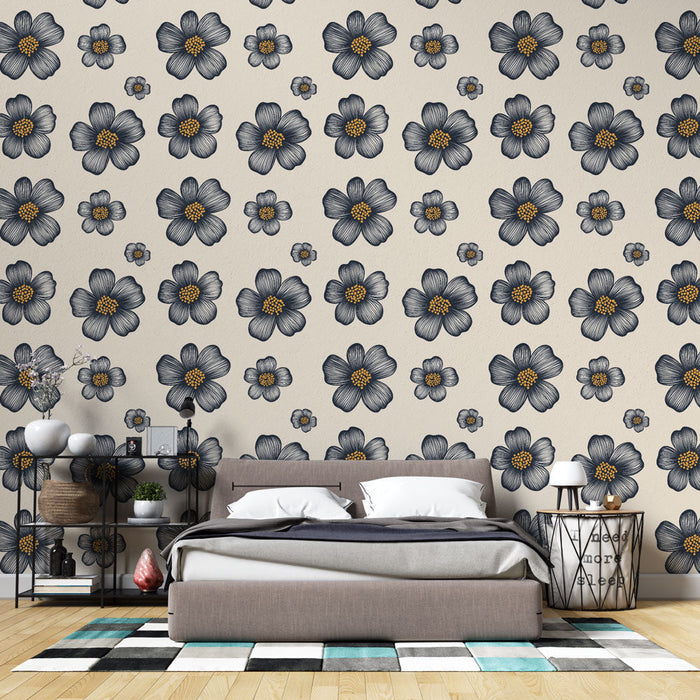 Тапет с цветя в синьо | Винтидж цветен модел върху кремав фон