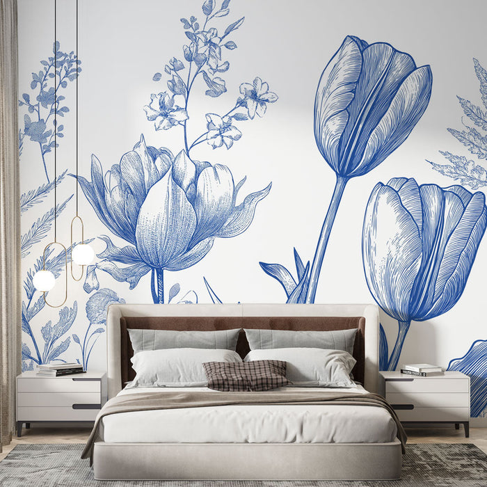 Mural Wallpaper blue flowers | Elegant tulips and delicate foliage