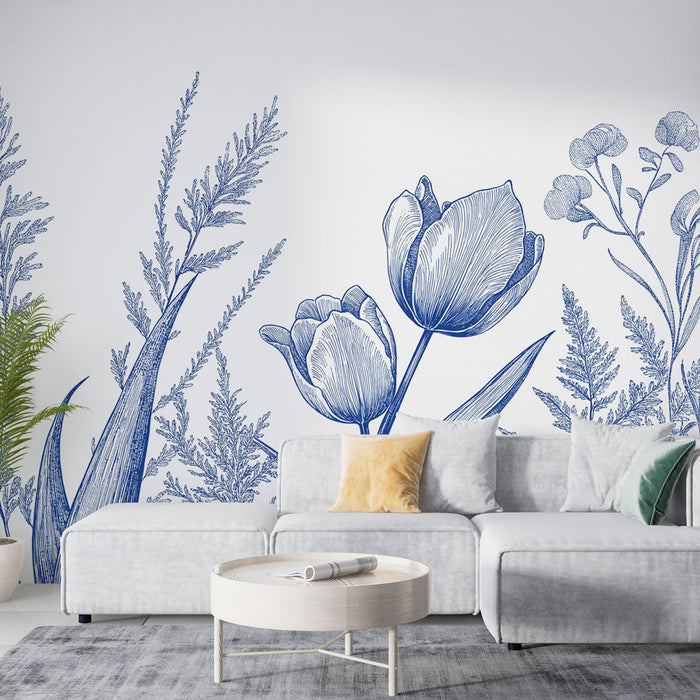 Mural Wallpaper blå blomster | Elegante tulipaner og detaljert løvverk