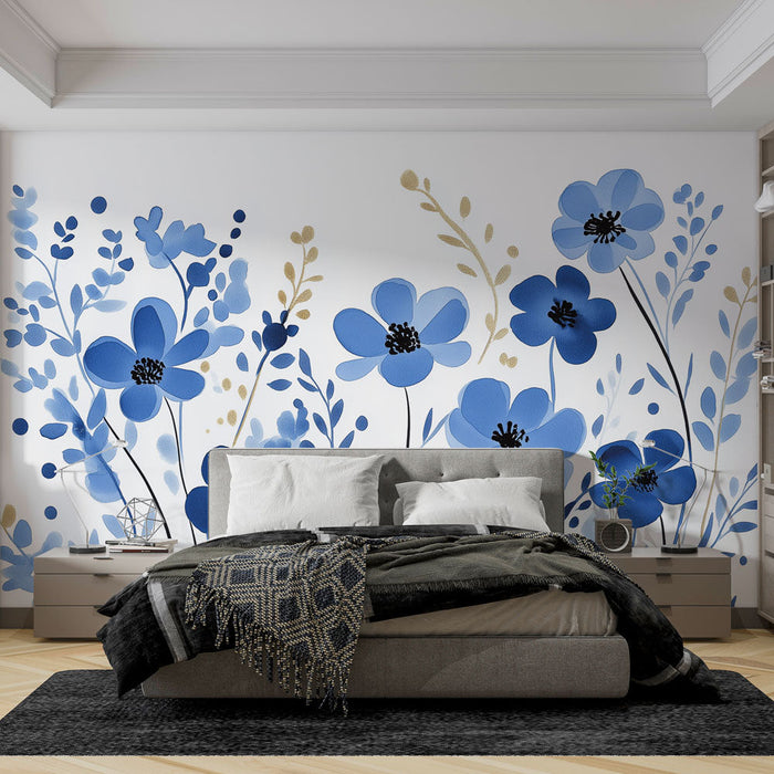 Foto Behang blauwe bloemen | Een delicate bloemenillustratie in blauw en goud