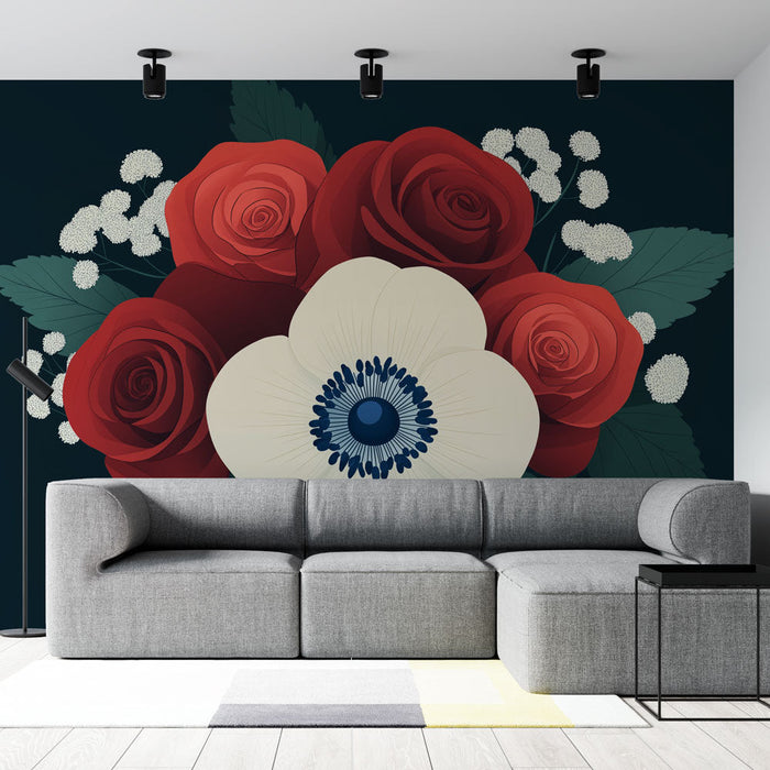 Mural Wallpaper blomster | Bukett med stiliserte roser og anemoner