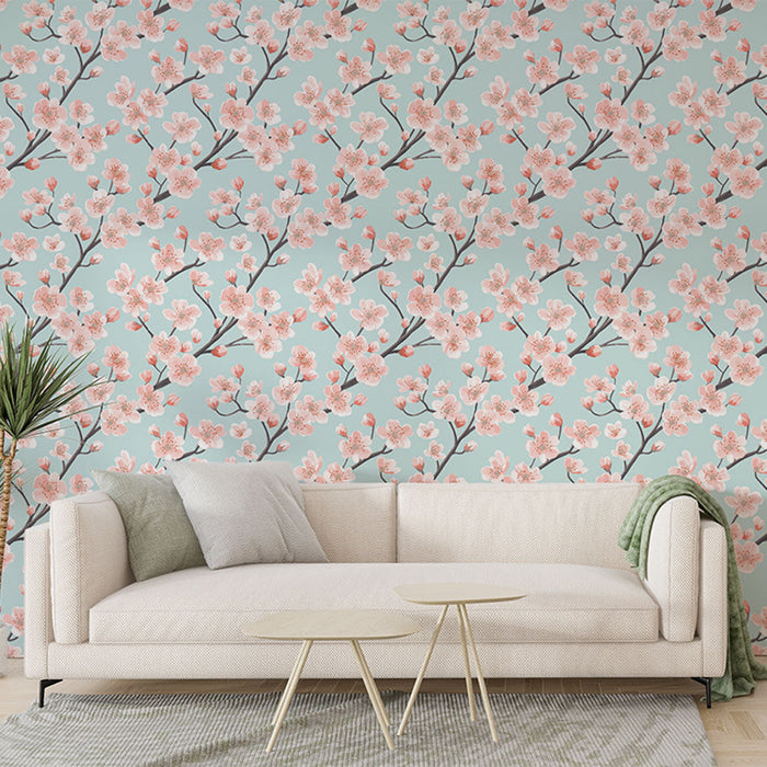 Tapete με κερασιά σε λεπτή υφή | Ένα λεπτό σχέδιο από κερασιά σε αχνό μπλε φόντο
