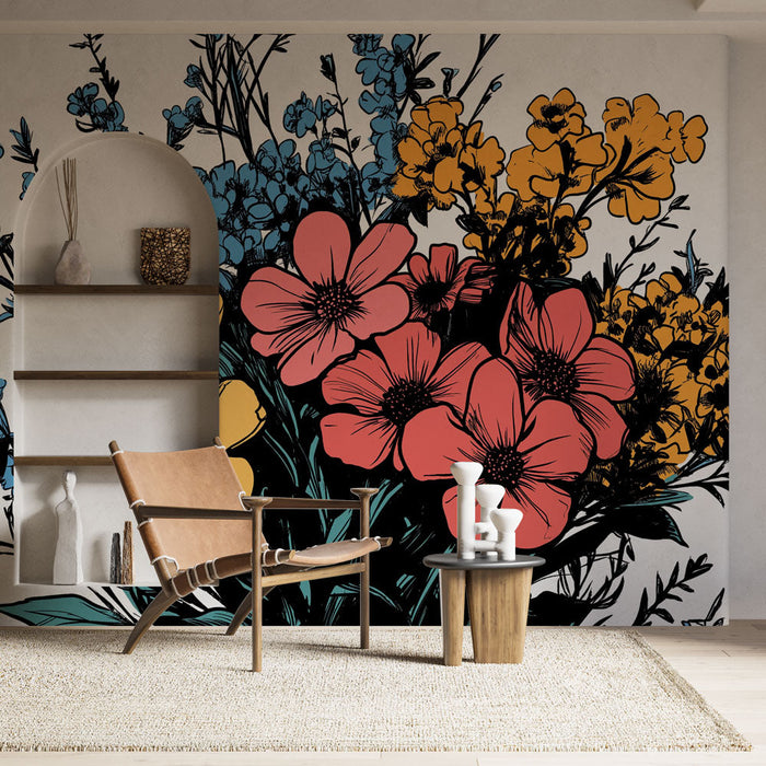 Mural Wallpaper fargerike blomster | Levende og stilisert bukett