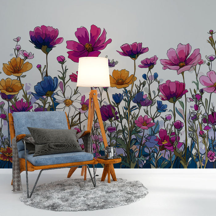 Fototapet renkli çiçekler | Büyüleyici su boya yabani çiçek motif