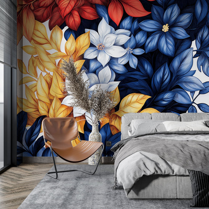 Mural Wallpaper fargerike blomster | Lyse blader og blomster på en lys bakgrunn