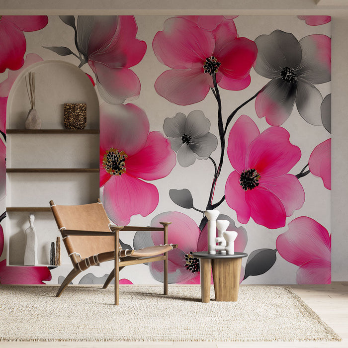 Papel de parede mural flores coloridas | Flores cor-de-rosa brilhantes e delicados padrões em preto e branco.