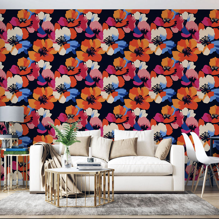 Fototapet renkli çiçekler | Koyu bir arka plan üzerinde parlak çiçek deseni