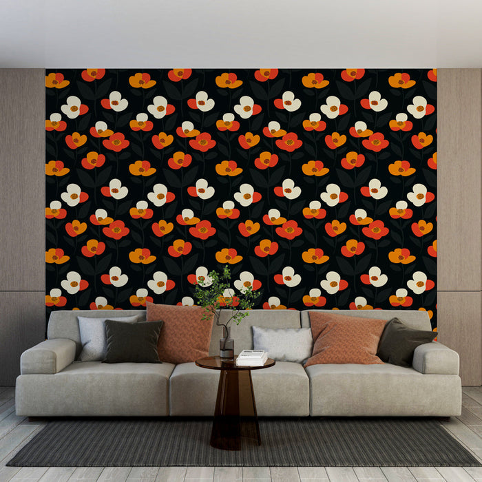 Mural Wallpaper colorful flowers | Floral pattern on a black background
