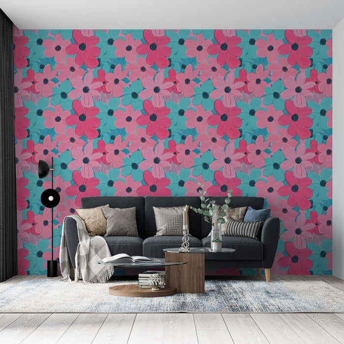 Fototapet fargerike blomster | Lyse blomstermønstre på en turkis bakgrunn