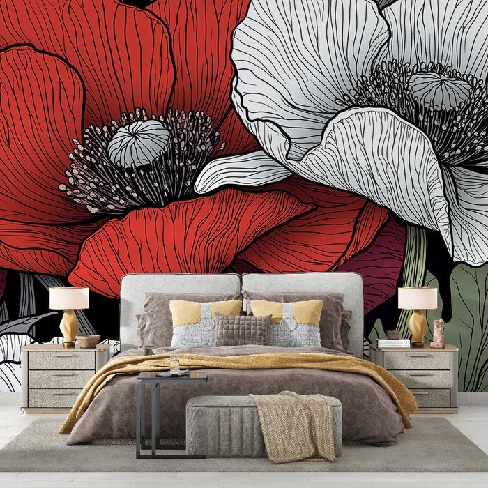 Mural Wallpaper colorful flowers | Red and white petals in delicate outlines