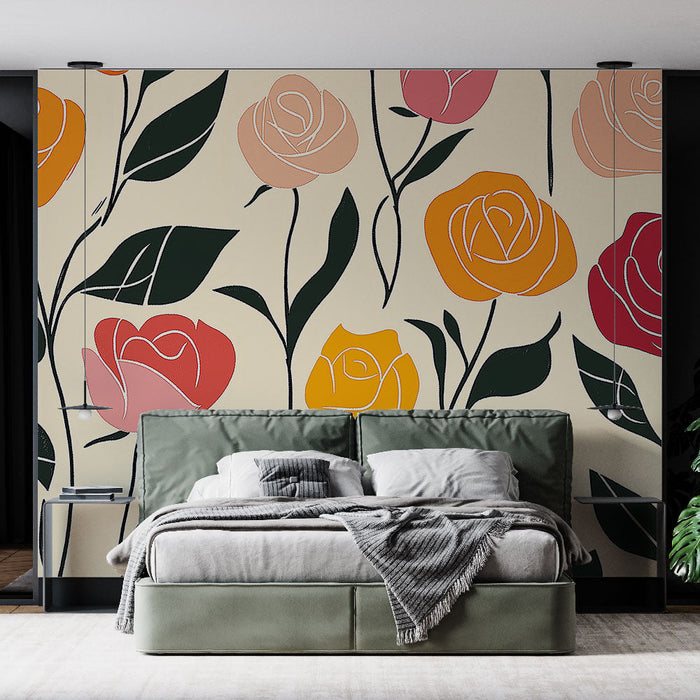 Mural Wallpaper fargerike blomster | Roser i ulike nyanser på en lys bakgrunn