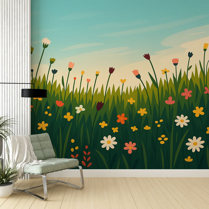 Fototapet farverige blomster | Et felt af lyse blomster under en solrig himmel