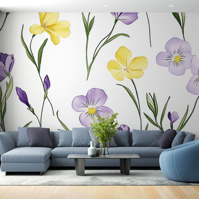 Tapete pisane rože | Nežen vzorec mačk in rumenih cvetov na beli podlagi