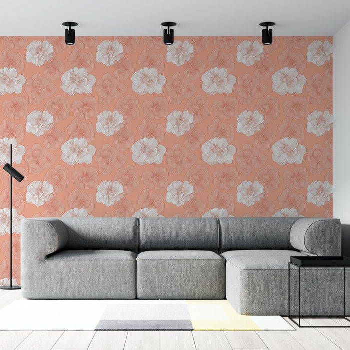 Tapete Blumen Koralle | Zarte Blumenmuster auf pastellkorallenem Hintergrund