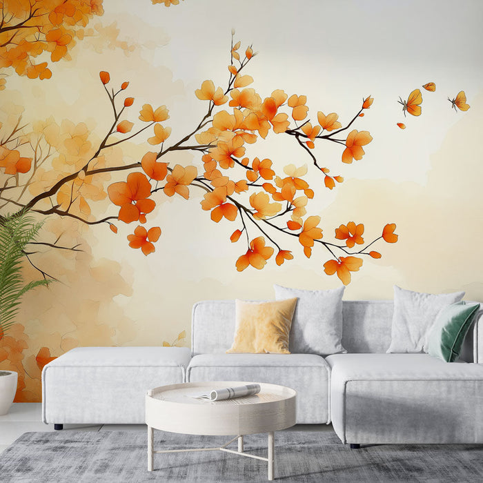 Tapeta podzimní květiny | Jemné větvičky s jasnými oranžovými květy