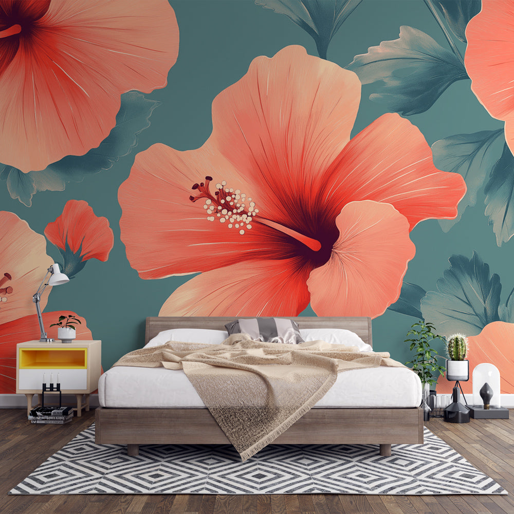 Foto Behang hibiscus bloemen | Groene achtergrond en rode bloemen —  WonderMural, image size:1000x1000