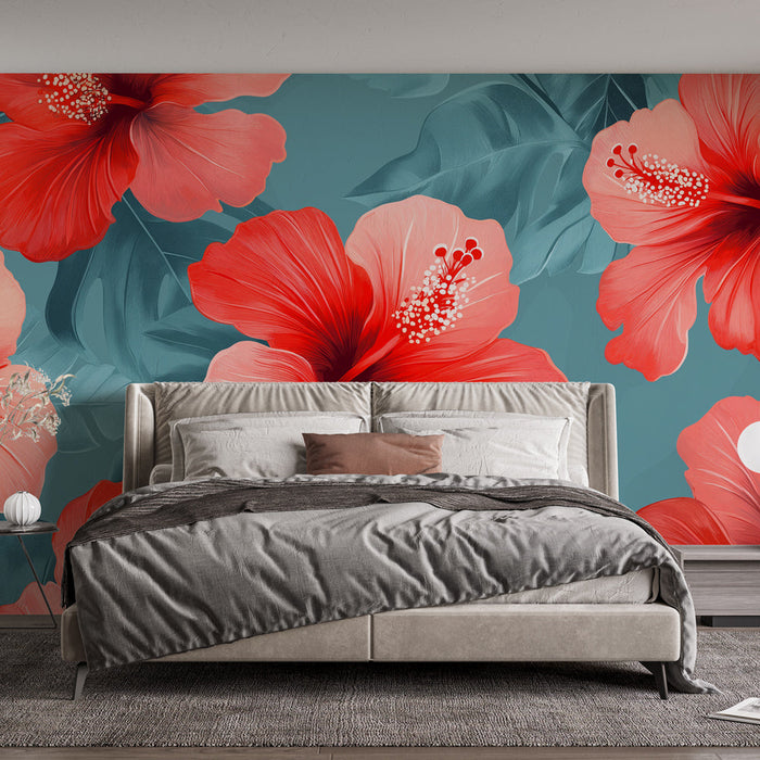 Tapeet hibiskuse õied | Roosa punane paneel
