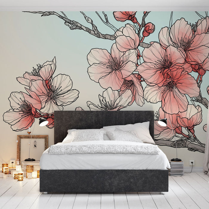 Carta da parati fiori di ciliegio | Delicati bouquet floreali in rosa e bianco su sfondo pastello