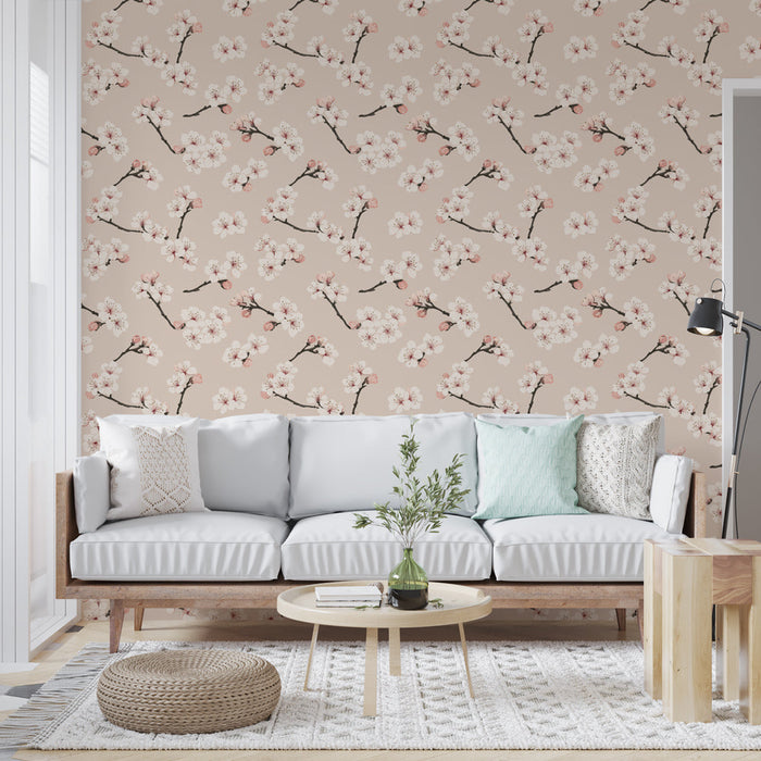 Fototapet kirsebærblomst | Elegante blomstrende grene på en nøgen baggrund