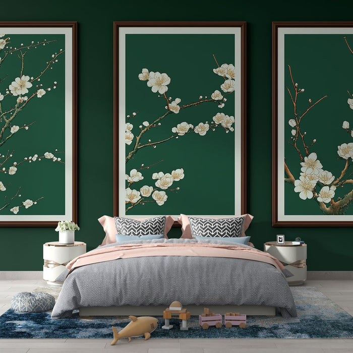 Fototapet kirsebærblomst | Elegante blomstrende grene på en dyb grøn baggrund