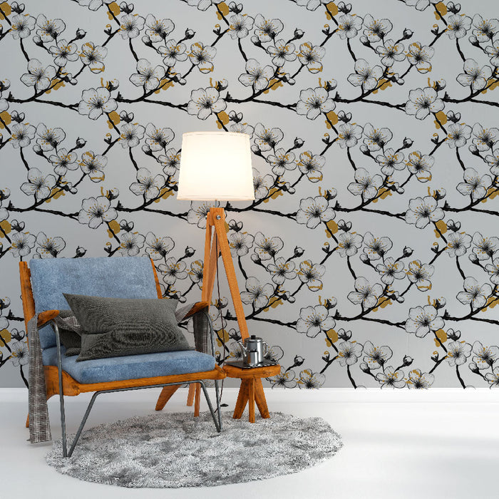 Fototapeet kirsipuu õisikuga | Graafilised elemendid must-valgel taustal kuldsete puudutustega