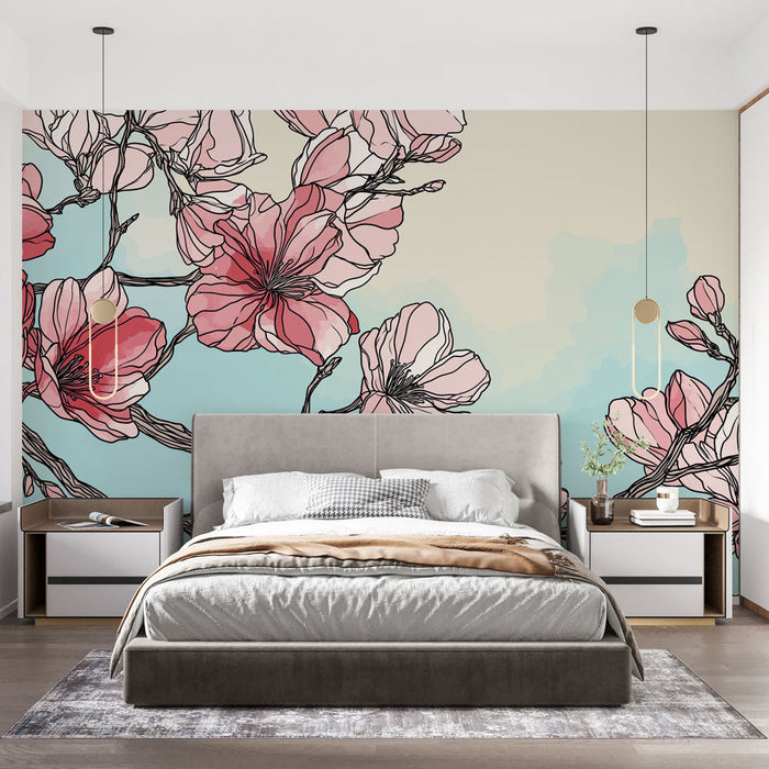 Mural Wallpaper cherry blossoms | Delicate flowers in pink and blue tones