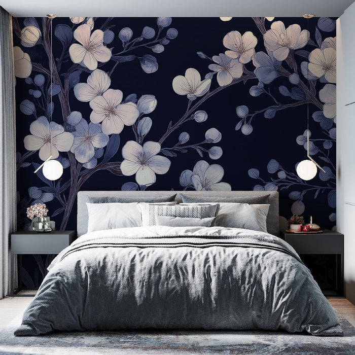 Mural Wallpaper cherry blossom flowers | Navy blue background