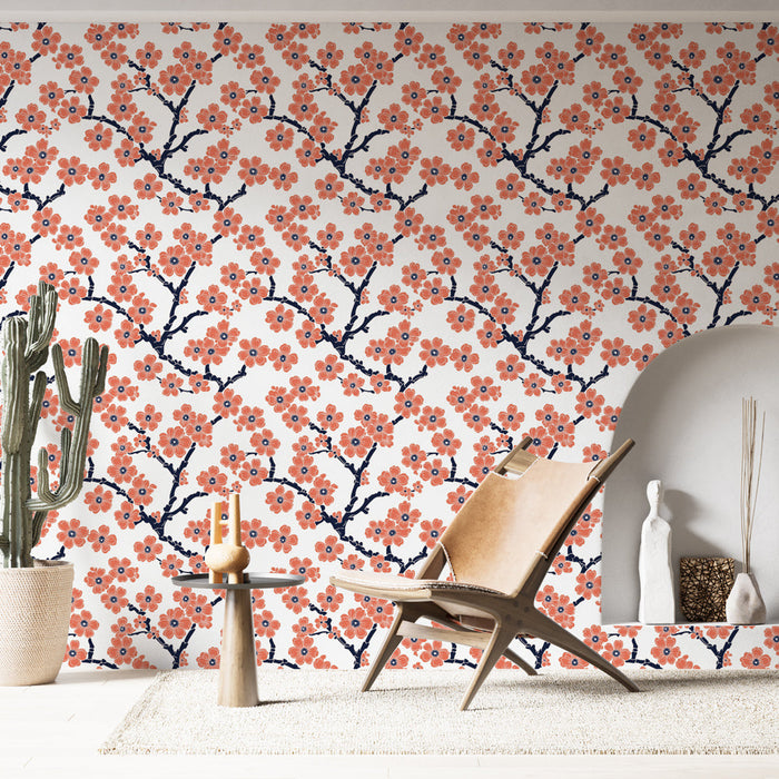 Papel pintado de flores de cerezo | Patrón delicado de ramas florales rosas y azules sobre un fondo blanco