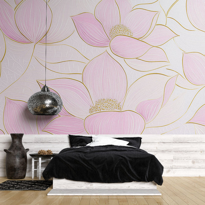 Mural Wallpaper lotus flowers | Soft pink petals and golden touches