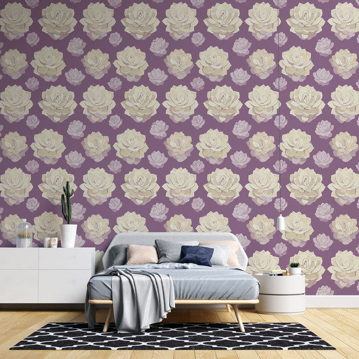 Mural Wallpaper lotus flowers | Cream and mauve lotus pattern on plain background