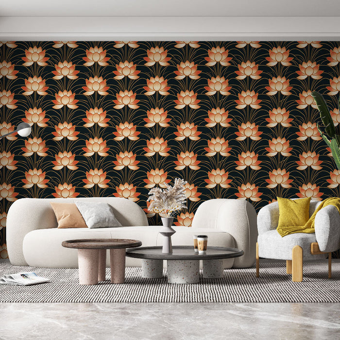 Fototapet lotusblommor | Lotusmönster på svart bakgrund