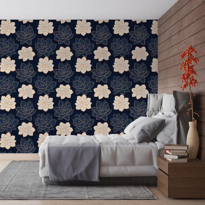 Papel de parede Lotus Flowers | Padrão floral elegante em um fundo azul meia-noite
