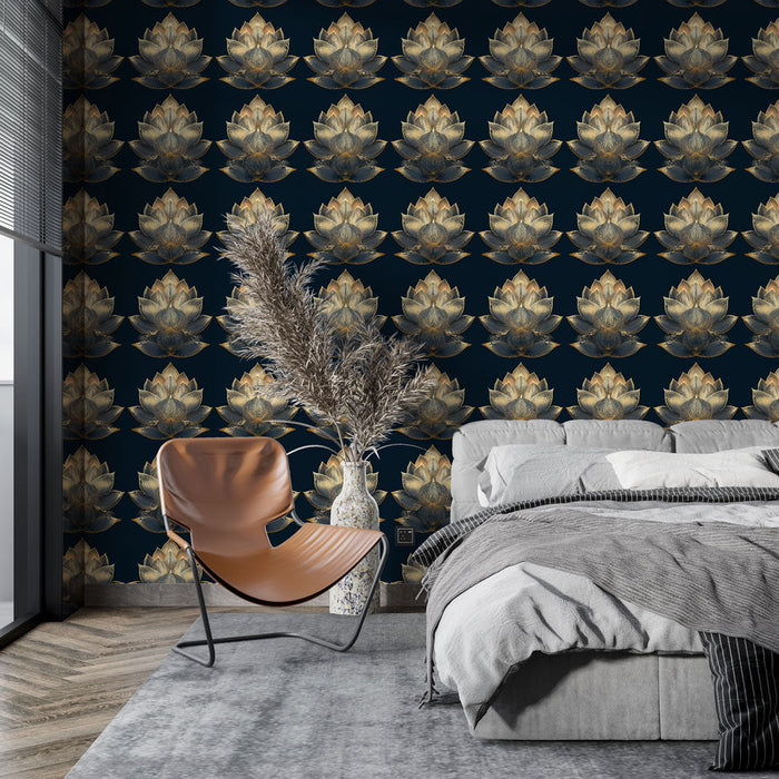 Mural Wallpaper lotus flowers | An elegant pattern of golden lotus flowers on a black background