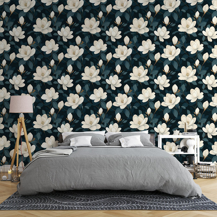 Fototapet magnolia blomster | Hvid blomsterbrist på mørk baggrund
