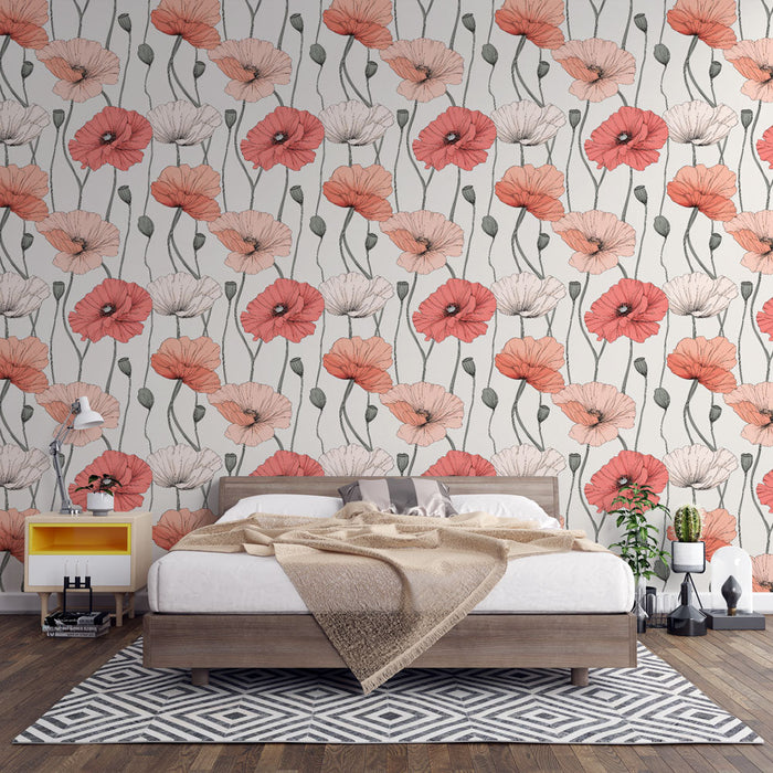 Papel pintado de amapolas | Motivo delicado de amapolas en tonos suaves
