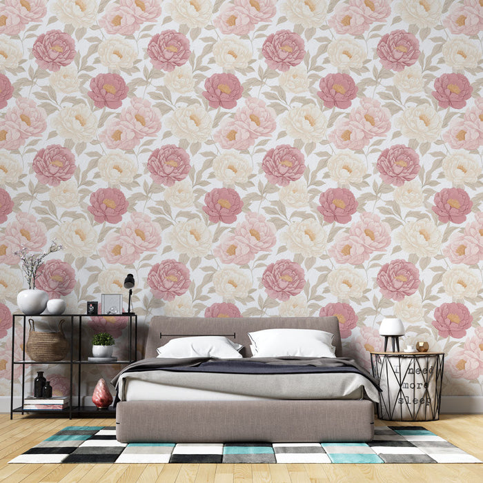Mural Wallpaper peony flowers | Pattern of pink and white peonies on a light background