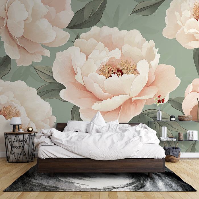 Mural Wallpaper peony flowers | Pastel tones on green background