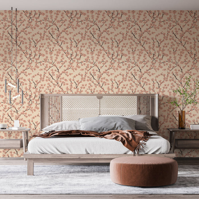 Ταπετσαρία τοιχωμάτων με λεπτά λουλούδια | Ροζ κλαδιά λουλουδιών σε μπεζ φόντο