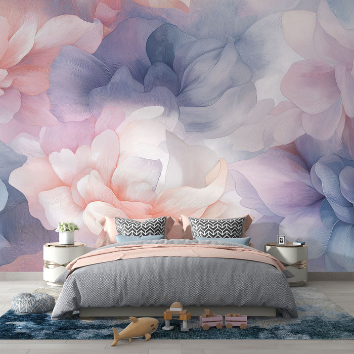 Fototapet narin çiçekler | Pembe ve mavi tonlarda yumuşak pastel çiçeklerin karışımı