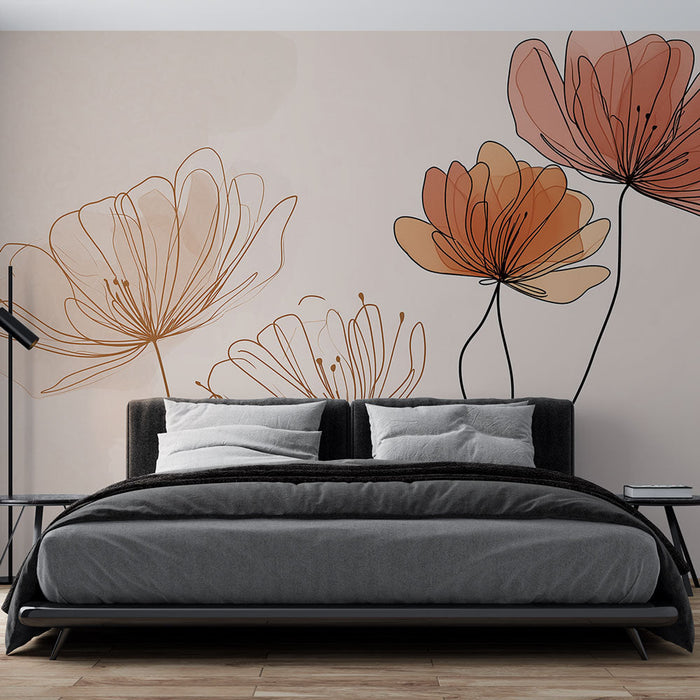 Fototapet delikate blomster | Blomster med fine konturer og bløde farver på en pastel baggrund